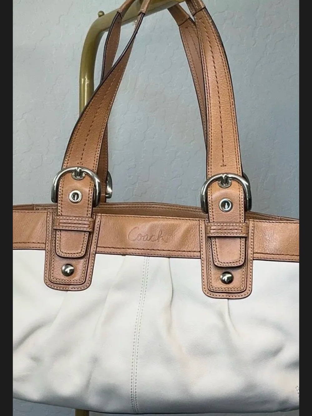 Coach Two-Tone Shoulder Tote in Cream and Tan Leather